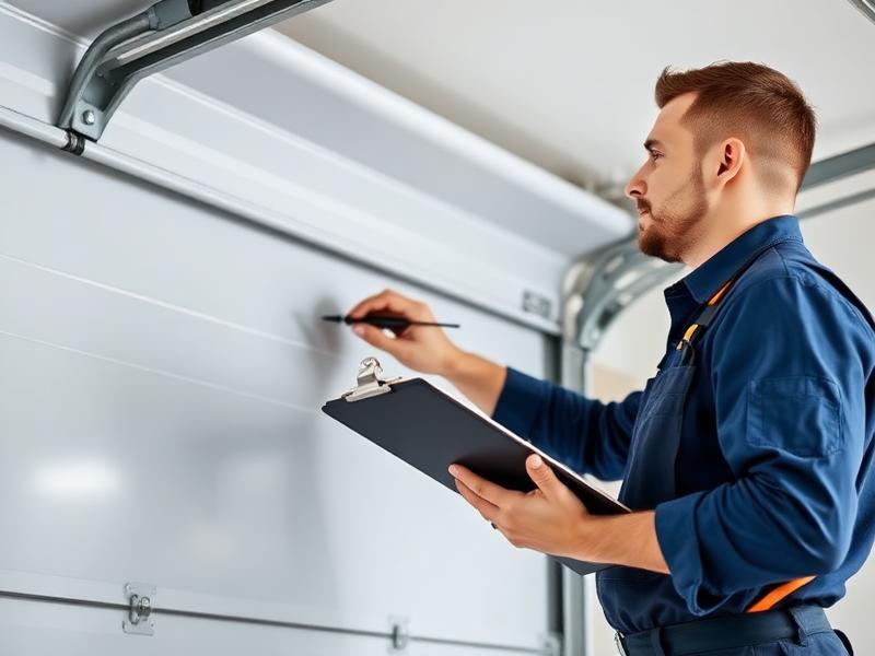 Technician performing garage door maintenance inspection with clipboard