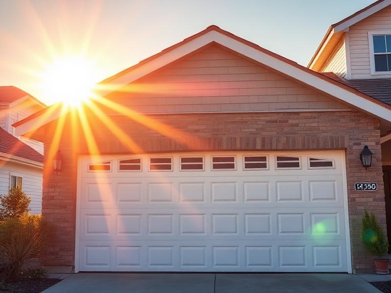 Residential garage door in bright summer sunlight