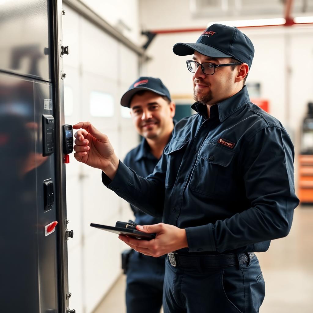 Uniformed garage door technician programming remote and keypad